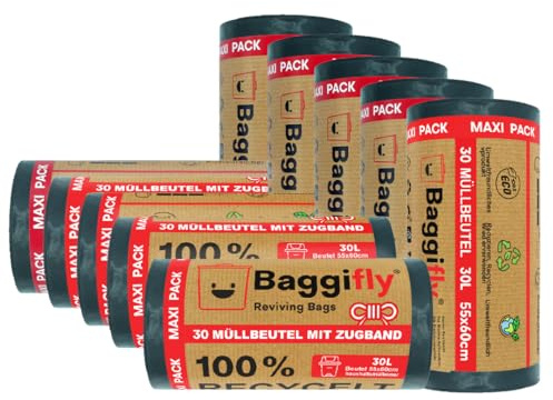 Baggifly, Müllbeutel 30L, 300 Stück, Extra Reißfest, 100% Recycelt, Mit Tragegriffen, Umweltfreundlich, Perfekt für den Haushalt, 10 Rollen à 30 Beutel, In Europa hergestellt