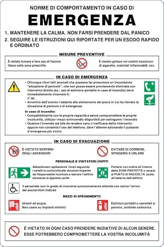 GLOBAL CARTELLO SEGNALETICO - NORME DI COMPORTAMENTO IN CASO DI EMERGENZA - Adesivo Extra Resistente, Pannello in Forex, Pannello In Alluminio (30x42 cm, Alluminio)