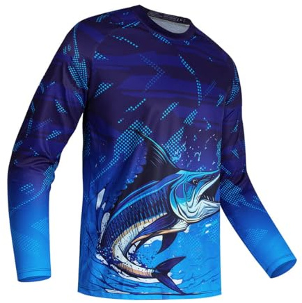 Mens Fishing Shirt Long Sleeve, Fishing Jerseys Fish Tshirts Uv Sun Protection Tops Fisherman,Dark Blue Tuna XL