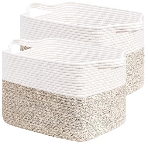 MEIDIV 2 Pack Cotton Rope Storage Baskets for Shelves, 33x25x23cm Soft Woven Baskets for Closet Storage, Woven Basket with Handle, Storage Bins for Living Room, Laundry Basket for Clothes Toy Storage
