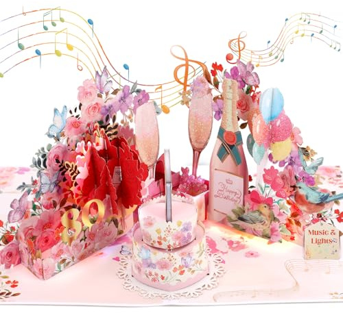 Geburtstagskarte zum 80. Geburtstag für Frauen, Geburtstagskarte 80 Jahre mit Musik & Licht, 3D Champagner Pop-Up Singende Karte zum 80. Geburtstag für 80-jährige Frauen, Mutter, Oma, Ehefrau, Damen