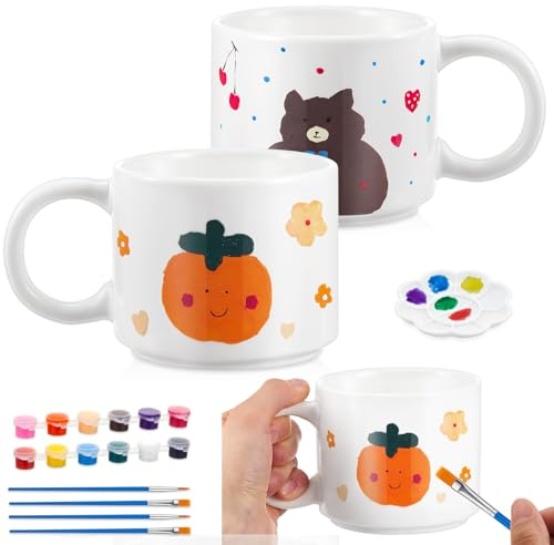 Geiserailie 2 Stück Weihnachten Keramik Tassen Bemalen Set Bemalbare Tassen Malset 2 Becher 12 Farben 4 Pinsel Lustiges Zuhause Geschenk DIY für Paare Freundin Familie Geburtstag(Normaler Stil)