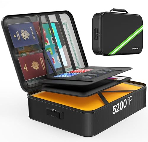Noiposi 5200℉ Fireproof Document Box with Lock, 8 Layers Heat Insulated Fire Proof Bags,Fireproof Documents Organiser Storage Case for A4 Files, Certificates, Passports, Cash, Contract