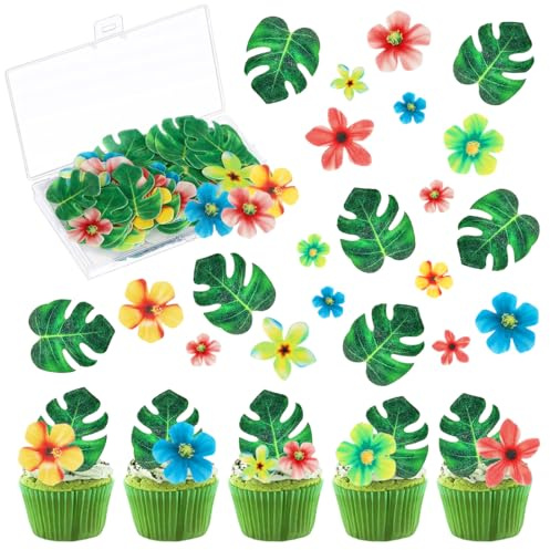 Sprinlot 83 Stück Papier Tortendeko, 48 Stück Schildkröten Blätter, 35 Stück Blumen für Torte, Tropische Dschungel Tortendeko, Cupcake Deko für Hawaii Aloha Summer Theme Party