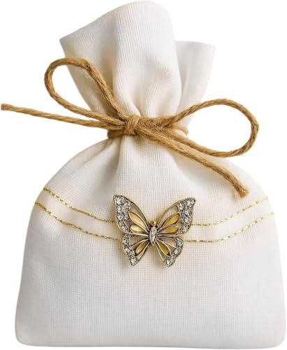 CREATI’L Lot de 25 contenants à Dragées Pochons en Tissu Blanc Bijoux Papillon + Ficelle - Sachets à Dragées, Cadeaux Invités Baptême, Communion, Mariage – Bonbons, Souvenirs – Porte Bonheur