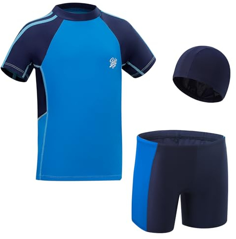 KAKU NANU Boys Swimming Costume Swim Shorts & Trunks Top Hats Kids Uv Swimwear Swimsuit Blue 6 7 8 6-7 7-8 Years