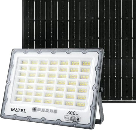 Proyector LED Solar 300W IP65 Gris, alta eficiencia energética, iluminacion exterior, ideal para jardines y espacios al aire libre.