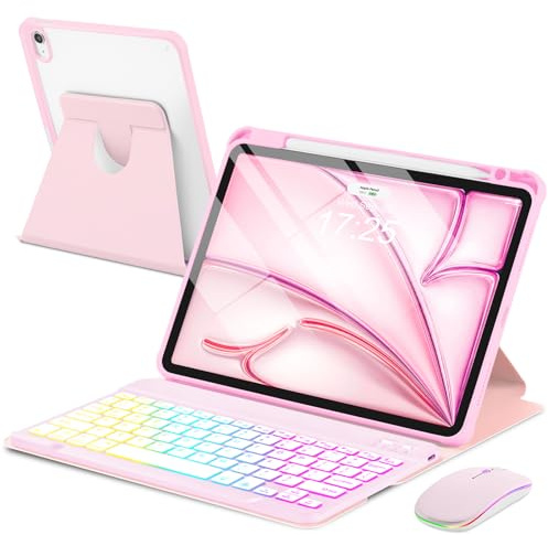 EAMPANG Funda con teclado y ratón para iPad Air de 11 pulgadas M4 M3 M2/Air 10.9 5ª 4ª generación, teclado desmontable retroiluminado arcoíris, cubierta magnética giratoria con soporte para lápices