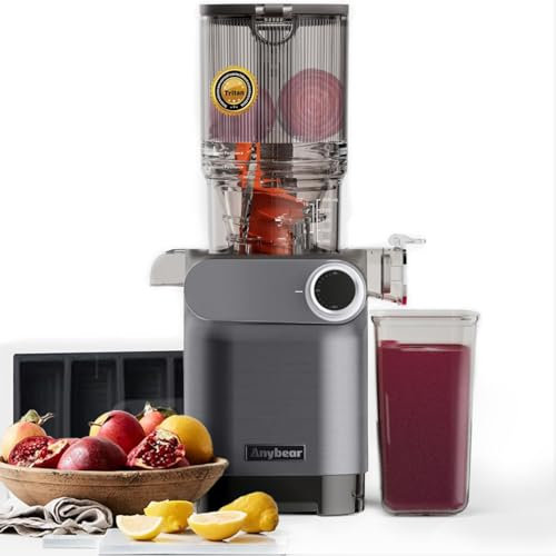 Anybear Exprimidor de prensa en frío, exprimidor lento de 200 W, 4.3 pulgadas, gran canal de alimentación para frutas y verduras enteras, barrena mejorada, materiales Tritan, sin BPA, recetas de jugo