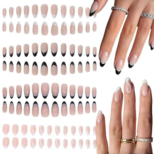 HTTDSLF 96 Stück French Press on Nails, Französische Weiß Falsche Nägel, French Nails Medium Almond, Oval Fingernägel Fake Nails Kurz, für Frauen Mädchen Nail Art
