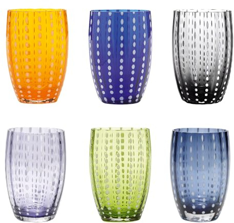 Zafferano Perle Bicchiere Colori misti 1 - Vetro Colorato Soffiato a Bocca, 32 cl, Lavorato a Mano - Set 6 Tumblers Artigianali per Acqua o Cocktail