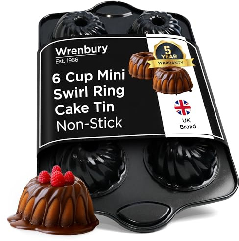 Wrenbury Mini Swirl Fluted Cake Tin Non Stick - 6 Cup Angel Ring Cake Pan for Baking Small Cakes - PFOA Free and Dishwasher Safe - 9.5cm Cup