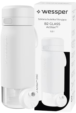 Wessper Botella Agua Filtro, 500 ml, Botella de Vidrio Borosilicato, con Filtro Agua Potable Actitex DISC, Contador de Sustitución del Filtro Integrado, Reduce el Cloro, BPA FREE - Blanco
