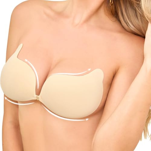 OMGREAT Stick on Bra - Invisible Adhesive Push Up Bra for Women, Backless Strapless Reusable Sticky Bra for Backless Dresses, Wedding, Party, Enhance Cleavage Lift Nude F