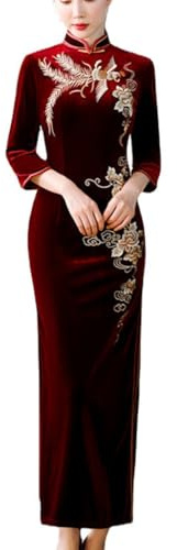 HEARTTOUCH Women's Velvet Qipao Dress Elegant Chinese Embroidered Cheongsam Long Slim Fit Party Cocktail Dress for Autumn (Medium,Red)