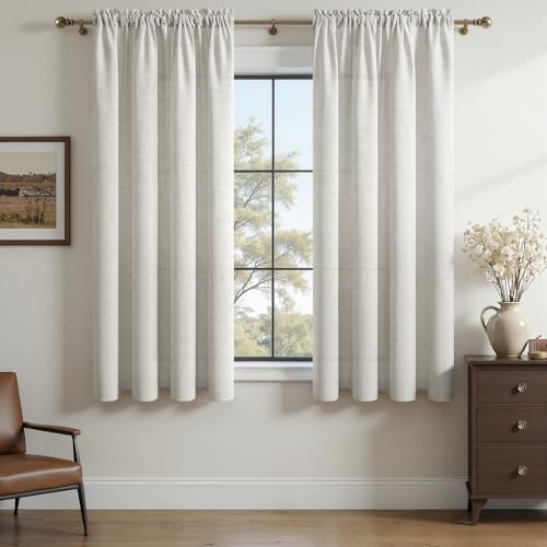 MRTREES Kurze Gardinen mit Stangendurchzug Leinenoptik 2er Set,H160xB140 cm | Vorhang Halbtransparent,Elfenbeinweiß,Leinenstoff Vorhänge für Wohnzimmer Küche,Schlafzimmer,Dekoschal,Modern Elegant