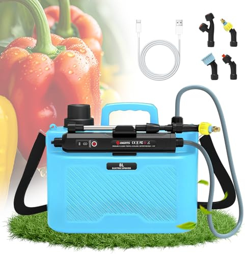 auvstar Elektrische Gartenspritze Akku Drucksprüher 8L | Teleskopstange, 4 Düsen, Verstellbarer Schultergurt, Für Gartenpflanzen und Reinigung