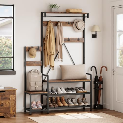 Aptliton Industrial Entryway Organiser with Shoe Storage Bench, Multi-Functional Hall Tree Unit with Coat Racks and Shelves for Home Organization