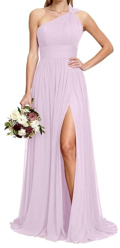 ORRCIGH Vestido de dama de honor con un hombro descubierto, vestido de gasa plisado, vestido largo para fiesta de noche, vestido largo con abertura para mujer WPX021, morado, 38