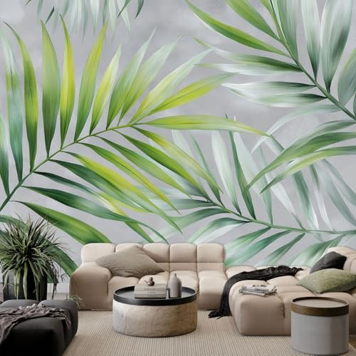 Papel Tapiz Fotográfico Efecto 3D Acuarela Tropical Elegante Hoja De Palma, Gris Claro Papel Pintado Tejido No Tejido 250 x 175 cm (An x Al) - Decorativos Murales para Pared Salón y Dormitorio