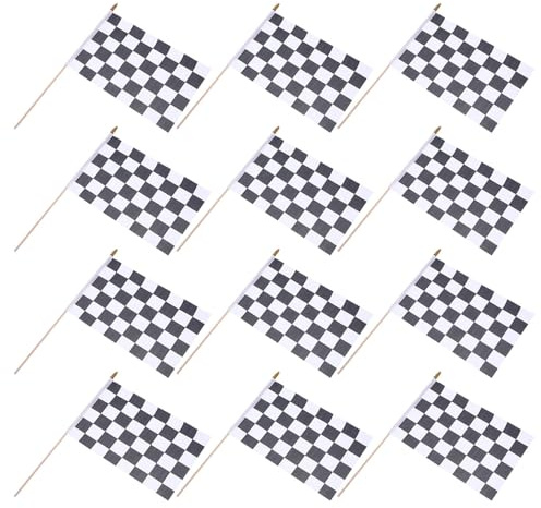 Kisangel 16 Bandierine a Scacchi Bianco e Nero 14x21 Cm Asta in Legno 30 Cm – Bandiere da Corsa su Bastone per Decorazioni Feste a Tema Gare e Eventi Automobilistici All’aperto e