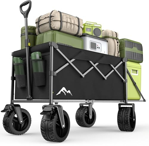 XXXL Bollerwagen Faltbar 300L mit Verstellbarer Heckklappe, 200 KG Belastbar, 360°-Schwenkbare All-Terrain-Räder & Doppelbremsen, Verstellbarer Griff & 2 Netztaschen，Strand/Wanderung/Camping/Einkauf