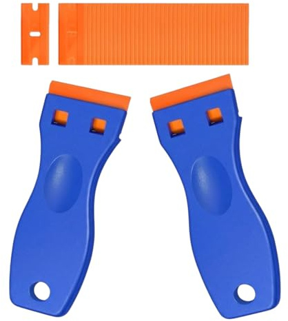 Plastic Scraper Tool with 100 Replacement Safe-Edge Blades, 2 Pack, for Label, Decal, and Paint Removal on Car, Window, Glass, and Kitchen
