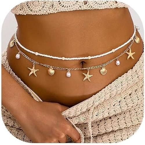 Xuwajeyu Belly Chain - 2 collane a pancia in oro da donna, con stelle marine e conchiglia, cintura regolabile per spiaggia, abito in jeans e look festival (oro)