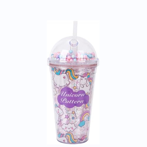 Embhlitfe 450ml Unicorn Water Cup with Straw and Lid,Reusable Glittery Double Wall Drinking Cup Kids Water Bottles,Cute Cold Cups Drink Bottle for Children Girls Women