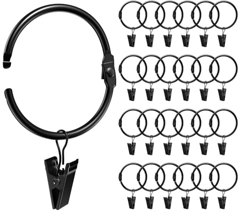 Ginbel Direct 24 Pack 1.5 Inches Openable Curtain Rings with Clips, Drapery Metal Clip Iron Drapes Hangers Decorative for Windows Rods Rustproof, Black