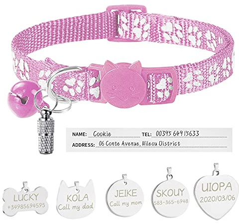 Uiopa Katzenhalsband mit Sicherheitsverschluss + Hundemarke mit Gravur + Adressanhänger, Hundehalsband mit Name & Glöckchen, Verstellbar Halsband für Katze und Hund (Rosa)