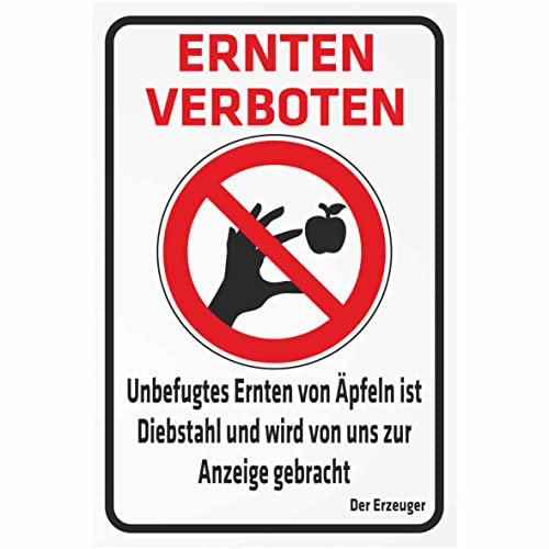 INDIGOS UG - Aluverbundplatte Schilder 3mm - Sicherheit - Unbefugtes Ernten von Äpfeln ist Diebstahl und wird von uns zur Anzeige gebracht - 200x150 mm - Hotel, Firma, Schutz, KITA, Arzt, Praxis
