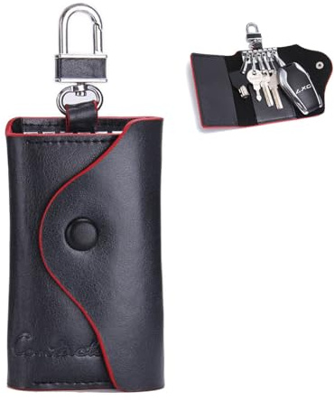 CONTACTS Key Case for Men & Women Leather Small Car Key Chain Cover with Hooks & Fob Organizer (Black)
