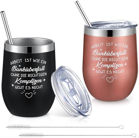 Hestya 2 Stück Thermobecher für Kollegin mit Deckel Strohhalm 12 oz Weinbecher To Go mit Spruch Arbeit Ist Wie Ein Banküberfall Kaffee Isolierbecher Danke Abschiedsgeschenk für Jobwechsel Ruhestand