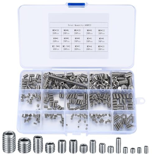 300 Stück Madenschrauben Set, Gewindestifte Inbusschraube Sortiment Kit, M2.5 M3 M4 M5 M6 M8 Sechskantkopf Schrauben mit Inbusschlüsseln für Türgriff, Türklinke, Halterung (Silber)