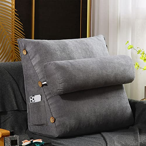Cojín de lectura triangular con forma de cuña para cabecera, cojín de TV, cojín reclinable para la espalda, cómodo cojín de espalda con rollo extraíble para el cuello y bolsillo lateral