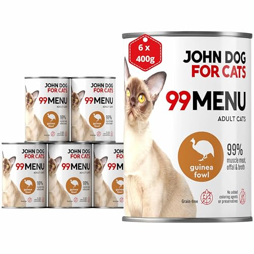 Katzennassfutter ohne Zucker und Getreide - Perlhuhn & Huhn - Katzenfutter Nass mit 99% Fleischanteil - Nassfutter mit 100% frischen Zutaten für ausgewachsene Katzen - JD for Cats 99 MENU - 400g x 6