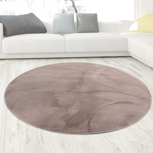 CARPETIA Teppich Wohn- und Schlafbereich Teppich modern Kurzflor Felloptik samtweich angenehm mit leichtem Glanz pflegeleicht modern einfarbig Taupe 140 cm rund
