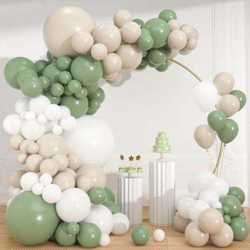 113pcs Sage Green White Balloons Garland Arch Kit, 18/12/10/5 Inch Olive Green Sand White Balloons for Birthday, Wedding, Baby Bridal Shower, Gender Reveal Party Decorations