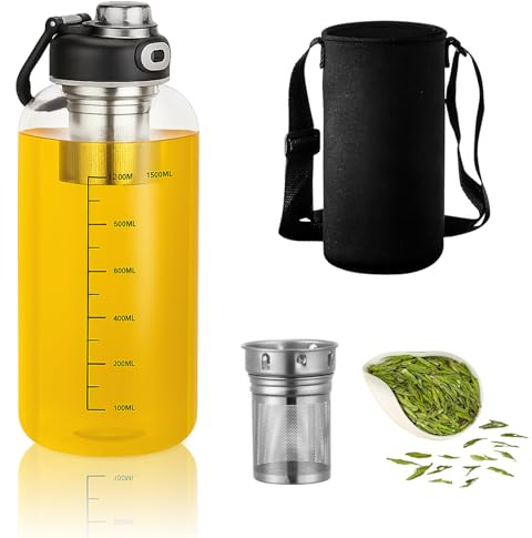 Hengrongshen Gourde en verre de 1,5 l – Gourde robuste en verre borosilicate épais, bouteille à thé pratique avec infuseur à thé pour les déplacements, parfaite pour le thé chaud ou le thé froid