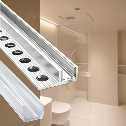 Profilé en U pour Verre Profilé en F en Aluminium Argenté pour Paroi de Douche Sans Cadre en Verre, Panneau de Retenue de Bord pour Fixation Salle de Bain(12mm (1/2in),L2.5m(8.2ft))