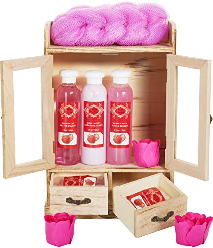 BRUBAKER Cosmetics Bade- und Pflegeset Erdbeere im Holzschrank | Schrank aus Holz (10 Stück)