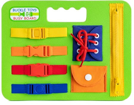 Buckle Toys Busy Board - Montessori Learning Toy for Toddlers Road Trip Essentials - Foam Sensory Board - Develop Fine Motor Skills - Green
