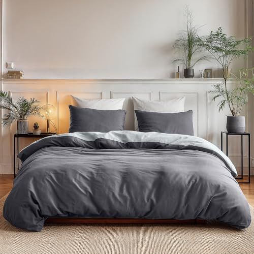 Sleeptime Bettwäsche 240x220 3-teilig - 100% Baumwolle - 1x Bettbezug 240x220 cm + 2X Kissenbezug 60x70 cm - Oeko-TEX®, Knopfverschlüsse, pflegeleicht - atmungsaktiv & hautfreundlich - Anthrazit Grau