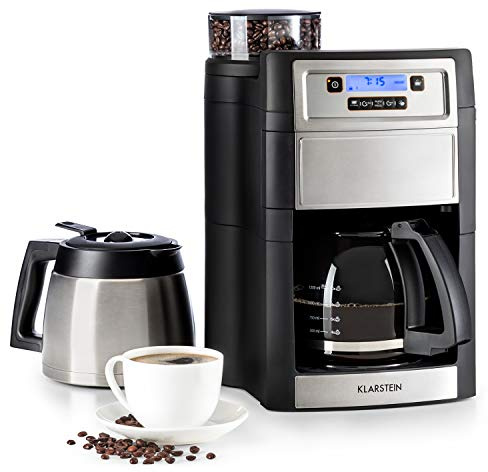 KLARSTEIN Cafetera Expreso con Molinillo, 1000W Maquina Cafe con Filtro de Carbón Activo, Temporizador y 5 Tamaños de Molido para Cafes, Cafetera Barista 10 Tazas, Cafeteras para Granos de Café
