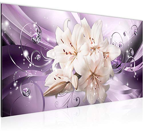 Runa Art Wandbild Blumen Lilien 1 Teilig 100 x 40 cm Modern Bild auf Vlies Leinwand Diamant Wohnzimmer Violett Lila 020112b