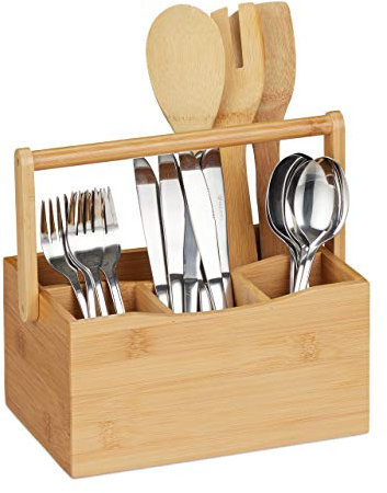 Relaxdays Porta Posate in Bambù, 4 Scomparti, Manico, Portautensili da Tavolo, Mestoli da Cucina, Organizer, naturale