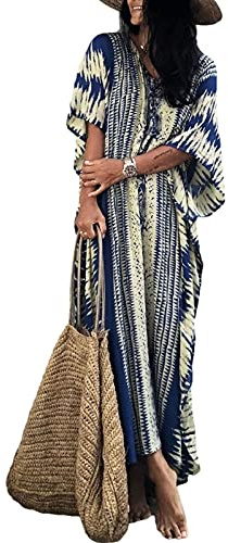 Jecarden Longue Robe Caftan Caftan pour Femme, Style décontracté, bohème, été, Caftan de Nuit, Plage, Robe pour Femme - - N°4 One Size