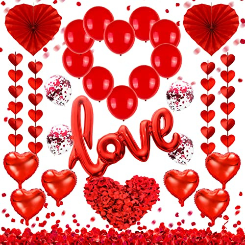 Valentines Day Party Decoration Kits, 36 Inch Love Foil Balloon, Red Heart Balloons, Heart Paper Fans, Red Heart Garland with 500 PCS Rose Petals Wedding Anniversary Valentines Balloons Decor