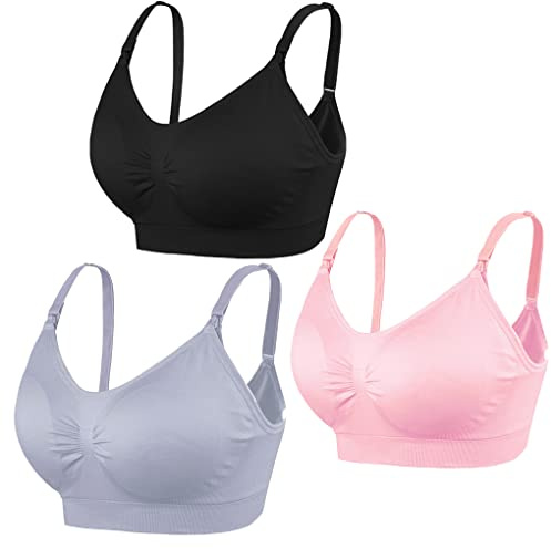 COLOMI 3 Pezzi Reggiseno per Allattamento Reggiseno per Allattamento Senza Ferretto per Allattamento e Dormire Senza Ferretto per Donna (L,Black+Grey+Pink/3Pack)